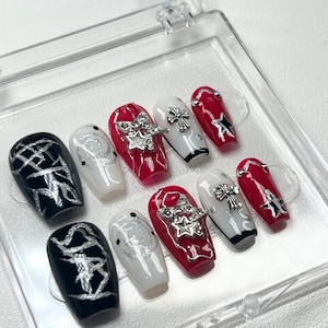 STRAY KIDS press on nails handmade fake nails kpop press ons STAY press ons concert false nails red and black charm nails chrome