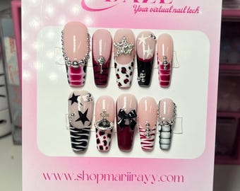 Y2K Animal Print Press On Nails: Handmade Cow Zebra Nail Art Design, French Tip ALT Custom Nails