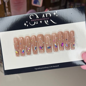 4. Bling rhinestone nails extra long fake nails luxury diamond nails handmade summer false nails glue on crystal nails summer square nails