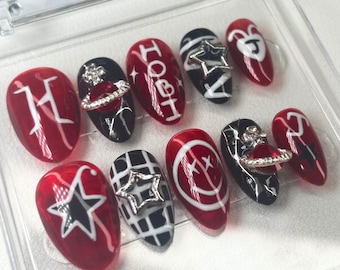 J-Hope Kpop Press On Nails: Red & Black Charm, Handmade Concert False Nails