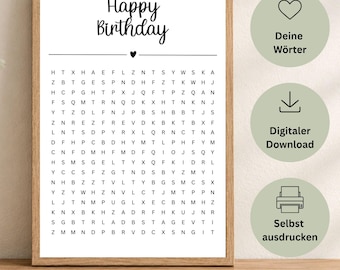 May include: A framed wall art print featuring the text Happy Birthday above a grid of random letters. The design includes a small heart icon between the text and the letter puzzle. The frame is light wood and the background is white.