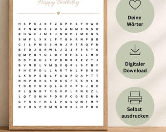 May include: A framed word search puzzle print with the text Happy Birthday at the top, featuring a grid of black letters on a white background. The wooden frame surrounds the rectangular print, which includes a small heart icon below the title.