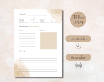 Rezeptvorlage zum Ausdrucken PDF digitaler Download DIN A4 Hochformat druckbare Rezeptvorlage beige Rezeptkarte zum ausfüllen deutsch kochen