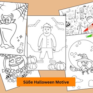 Op de afbeelding: Vier zwart-witte kleurplaten met Halloween-figuren. De platen bevatten een vampier, Frankenstein, een heks die op een bezem vliegt en een pompoen met snoep.
