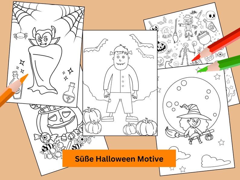 Op de afbeelding: Vier zwart-witte kleurplaten met Halloween-figuren. De platen bevatten een vampier, Frankenstein, een heks die op een bezem vliegt en een pompoen met snoep.