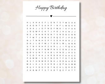 May include: Black and white word search puzzle with the words "Happy Birthday" at the top. The puzzle contains the letters of the alphabet arranged in a grid.