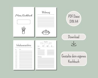May include: Printable PDF template for a cookbook with a black and white design. The cover page features the text "Mein Kochbuch" and a jar of kitchen utensils. The template includes pages for a dedication, table of contents, and recipe pages.