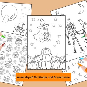 Op de afbeelding: Een set van vijf zwart-wit kleurplaten met Halloween-thema's. De pagina's bevatten een geest, een skelet, een heks, pompoenen en sterren. De tekst "Ausmalspass fur Kinder und Erwachsene" staat onderaan de pagina.