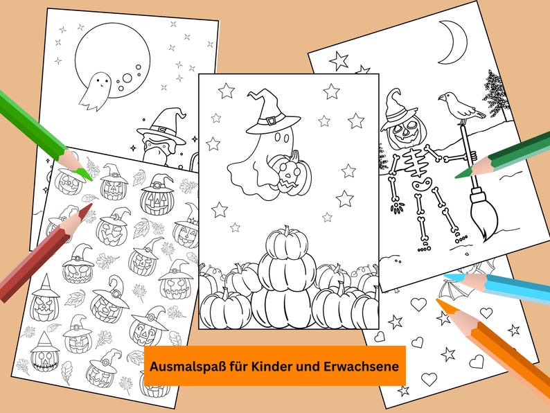 Op de afbeelding: Een set van vijf zwart-wit kleurplaten met Halloween-thema's. De pagina's bevatten een geest, een skelet, een heks, pompoenen en sterren. De tekst "Ausmalspass fur Kinder und Erwachsene" staat onderaan de pagina.
