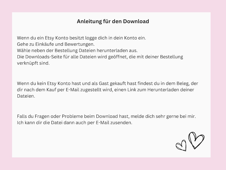 May include: Instructions for downloading digital files from Etsy. The text explains how to download files after purchasing from Etsy, both for users with and without an Etsy account.