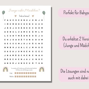 May include: A printable game for baby showers, featuring a word search puzzle with the words "Junge" and "M&auml;dchen" (German for boy and girl) hidden within a grid of letters. The game is titled "Junge oder M&auml;dchen?" (Boy or Girl?) and includes instructions to find the words. The game also includes a section for marking the guesses with a rainbow design.