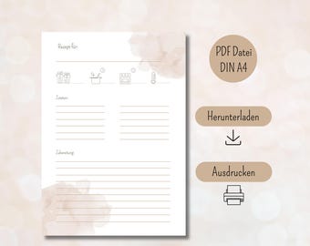 Recipe template to print PDF digital download DIN A4 portrait format printable recipe template boho recipe card to fill out German cooking