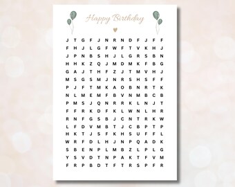 May include: A black and white word search puzzle with the words "Happy Birthday" at the top. The puzzle is filled with letters and the words are hidden within the grid.