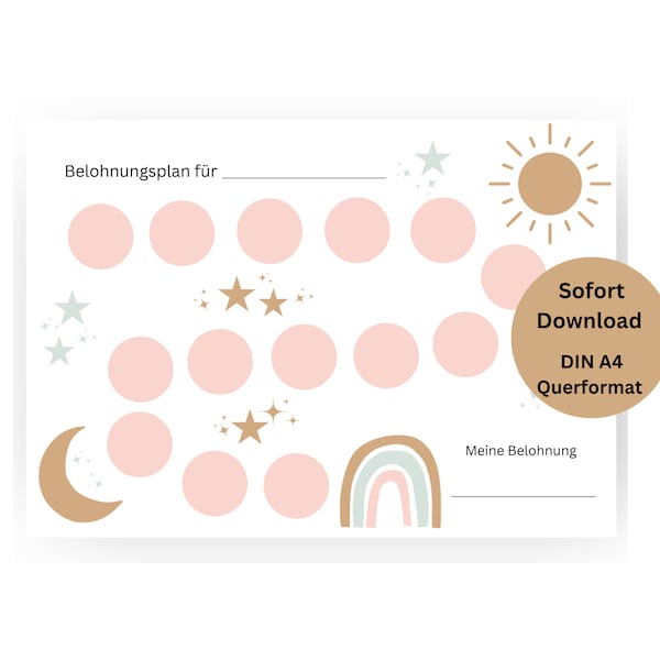 Belohnungstafel Motivationstafel Belohnungsplan für Kinder im DIN A4 Querformat als PDF PNG Boho Windelfrei Rituale Kindergarten Vorschule