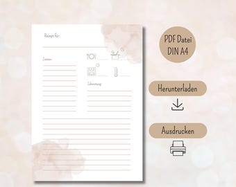 Rezeptvorlage zum Ausdrucken PDF digitaler Download DIN A4 Hochformat druckbare Rezeptvorlage boho Rezeptkarte zum ausfüllen deutsch kochen