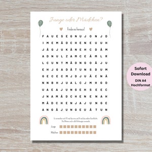 Baby gender reveal puzzle guessing game word search pdf Boho boy or girl to print German baby shower game Gender Reveal image 3