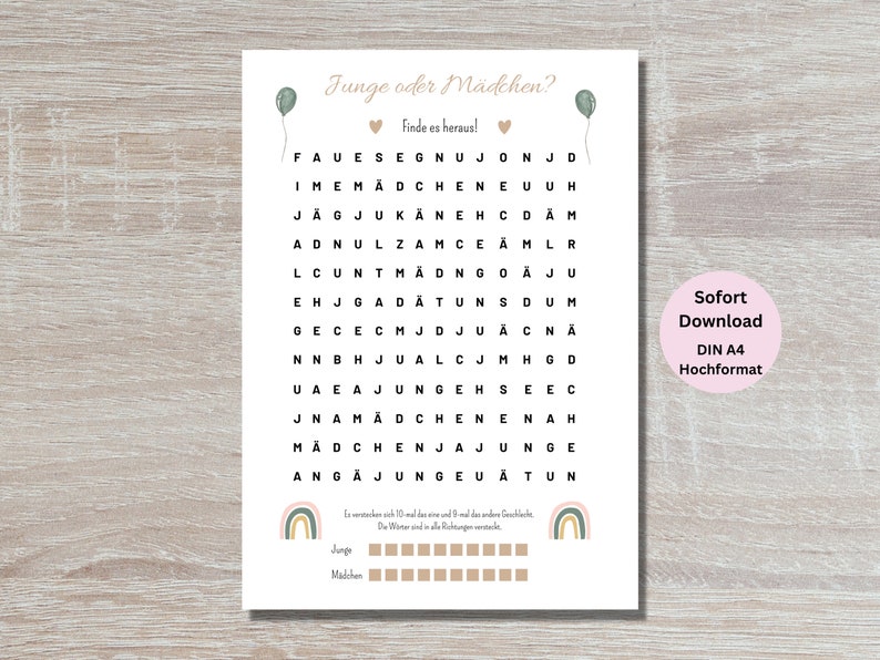 Baby gender reveal puzzle guessing game word search pdf Boho boy or girl to print German baby shower game Gender Reveal image 3