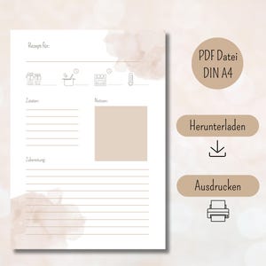 Rezeptvorlage A4 zum ausdrucken | Druckbare Rezeptvorlage zum ausfüllen | Rezeptvorlage deutsch | Rezeptkarte zum selberschreiben PDF beige