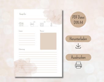Recipe template A4 to print | Printable recipe template to fill out | Recipe template German | Recipe card to write yourself PDF beige