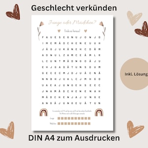 Baby gender reveal puzzle guessing game word search pdf Boho boy or girl to print German baby shower game GenderReveal beige