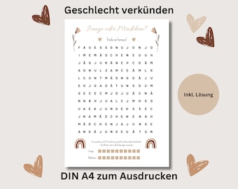 Baby gender reveal puzzle guessing game word search pdf Boho boy or girl to print German baby shower game GenderReveal beige