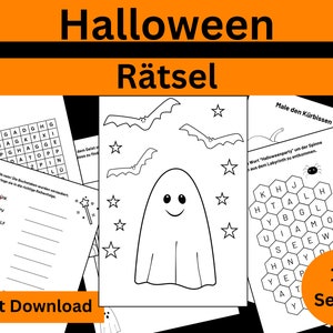 Op de afbeelding: Een set van 15 printbare Halloween-activiteitenpagina's voor kinderen. De pagina's bevatten een woordzoeker, een woordpuzzel, een doolhof en een kleurplaat. De pagina's zijn zwart-wit en bevatten verschillende Halloween-afbeeldingen, waaronder geesten, vleermuizen, pompoenen en spinnen.