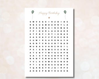 May include: A green and white word search puzzle with the words "Happy Birthday" at the top. The puzzle features a variety of words related to birthdays and celebrations.