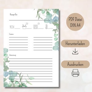 Rezeptvorlage zum Ausdrucken PDF digitaler Download DIN A4 Hochformat druckbare Rezepte Rezeptkarte zum ausfüllen deutsch kochen Eukalyptus
