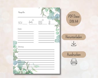 Peut inclure: Modèle de recette imprimable avec un design d'eucalyptus aquarelle. Le modèle comprend des sections pour le nom de la recette, les ingrédients et les instructions. Le texte "PDF Datei DIN A4" est visible dans le coin supérieur droit de l'image.