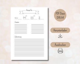 Recipe template for printing, recipe DIN A4 for printing, digital download recipe template printable recipe template, recipe template German PDF