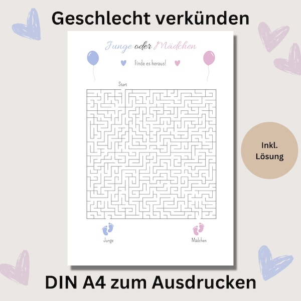 Baby Geschlecht verkünden Rätsel Ratespiel Labyrinth pdf Junge oder Mädchen zum Ausdrucken deutsch Babypartyspiel Gender Reveal Babyshower