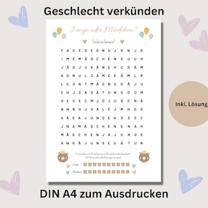 Baby gender reveal puzzle guessing game word search pdf Boho boy or girl to print German baby shower game Gender Reveal