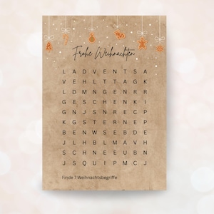Weihnachtskarte Rätsel Postkarte PDF DIN A6 druckbar digitale Weihnachtsgrüße Wörtersuchen Kreuzworträtsel Weihnachtsrätsel Last Minute