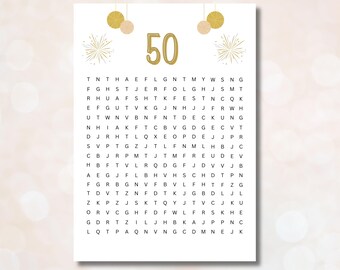 May include: A printable word search puzzle with the number 50 in gold at the top. The puzzle features a grid of letters with the word "50" hidden within. The puzzle is decorated with gold stars and fireworks.