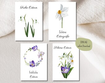 Digitale Paaskaarten set met 4 kaarten ansichtkaarten Paaswenskaarten bloemen Paasei Paasgroet voor afdrukken DIN A6 download Vrolijk Pasen