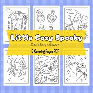 Op de afbeelding: Zes zwart-wit kleurplaten met schattige Halloween-illustraties. De pagina's bevatten een geest in een raam, een geest met een heksenhoed, een geest met een mand, een schedel met bloemen, een geest in een bos en twee ijshoorntjes met ogen.