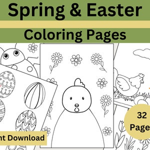 Op de afbeelding: Zwart-witte kleurplaten met lente- en paasthema's.  Bevat afbeeldingen van een kuiken, een lieveheersbeestje, eieren, bloemen, een kip, kuikens, een schaap en wolken.  32 pagina's. Direct downloaden.