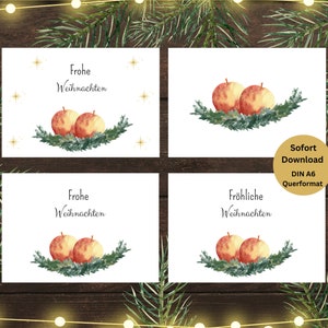 Cartões de Natal para imprimir download digital DIN A6 Presente de Última Hora Conjunto de cartões de Natal para impressão em aquarela Motivos de Natal maçã
