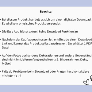 May include: A text-based image with a white background and black text. The text reads "Beachte:" followed by five bullet points. The bullet points describe the details of a digital download product. The text includes the words "digital download", "Etsy App", "Download Funktion", "PDF Datei", "Dekorationen", "Lieferumfang", "Bilderrahmen", "Deko", "M&ouml;bel", "Download", "Fragen", "kontaktiere".