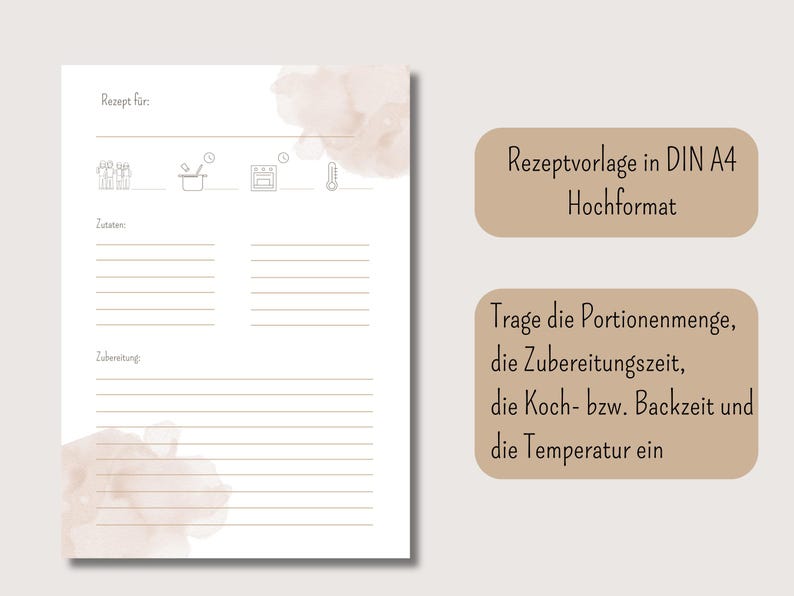 Rezeptvorlage zum Ausdrucken PDF digitaler Download DIN A4 Hochformat