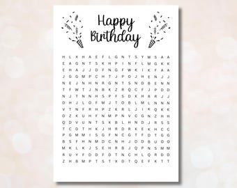 May include: A black and white printable word search puzzle with the words "Happy Birthday" at the top. The puzzle features a grid of letters with the words "Happy Birthday" hidden within.