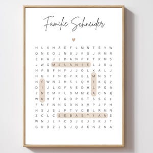 May include: A beige and brown word search puzzle with the text "Familie Schneider" at the top. The names "Melanie", "Finn", "Mila", and "Sebastian" are hidden within the puzzle.