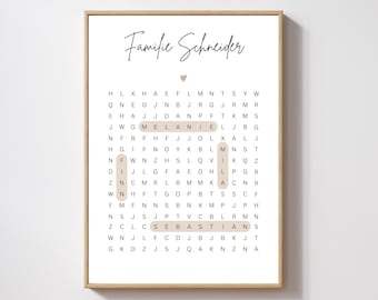 May include: A beige and brown word search puzzle with the text "Familie Schneider" at the top. The names "Melanie", "Finn", "Mila", and "Sebastian" are hidden within the puzzle.