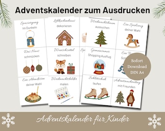 May include: A printable Advent calendar for kids with illustrations of activities like decorating a gingerbread house, ice skating, and choosing a toy. The calendar has the text "Adventskalender zum Ausdrucken" and "Adventskalender für Kinder".