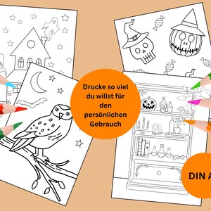 Op de afbeelding: Vier zwart-witte kleurplaten met Halloween-thema's. De pagina's bevatten een spookhuis, een uil, een schedel met een heksenhoed en een plank met drankjes en kaarsen. De tekst op de pagina luidt "Drucke so viel du willst f&uuml;r den pers&ouml;nlichen Gebrauch DIN A4".