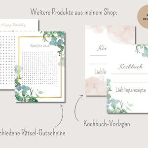 May include: A digital download of printable templates for a personalized cookbook. The templates feature a watercolor background with eucalyptus leaves and a gold frame. The text on the templates reads "Kochbuch" (German for cookbook), "Lieblir" (German for favorite), and "Lieblingsrezepte" (German for favorite recipes).