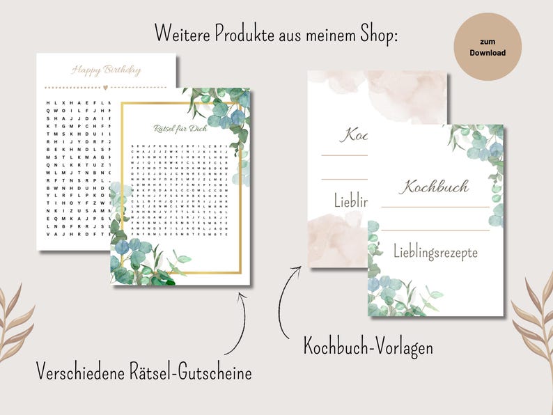 May include: A digital download of printable templates for a personalized cookbook. The templates feature a watercolor background with eucalyptus leaves and a gold frame. The text on the templates reads "Kochbuch" (German for cookbook), "Lieblir" (German for favorite), and "Lieblingsrezepte" (German for favorite recipes).