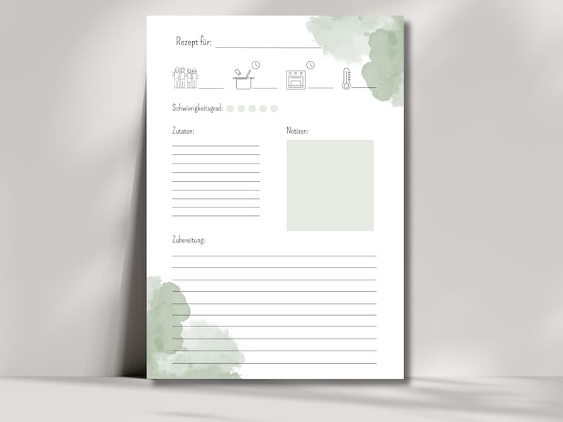 Recipe template for printing PDF digital recipe card digital download DIN A4 portrait format recipe card to fill out German cooking green image 3