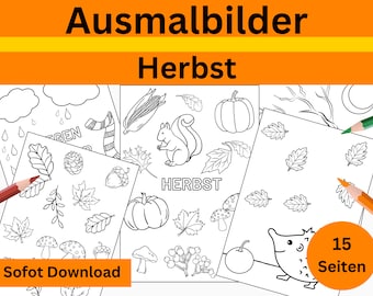May include: Black and white coloring pages featuring autumn themes, including pumpkins, leaves, acorns, and a hedgehog. The text on the page reads "Ausmalbilder Herbst" and "Sofot Download".