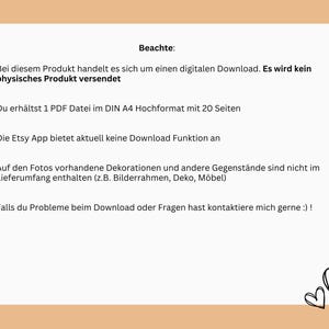 Op de afbeelding: Een digitale download-vermelding voor een 20 pagina's tellend PDF-document in DIN A4-formaat. De vermelding bevat informatie over het product, zoals het feit dat het een digitale download is en dat er geen fysiek product wordt verzonden. Het bevat ook informatie over de Etsy-app en hoe je contact kunt opnemen met de verkoper als je vragen hebt.